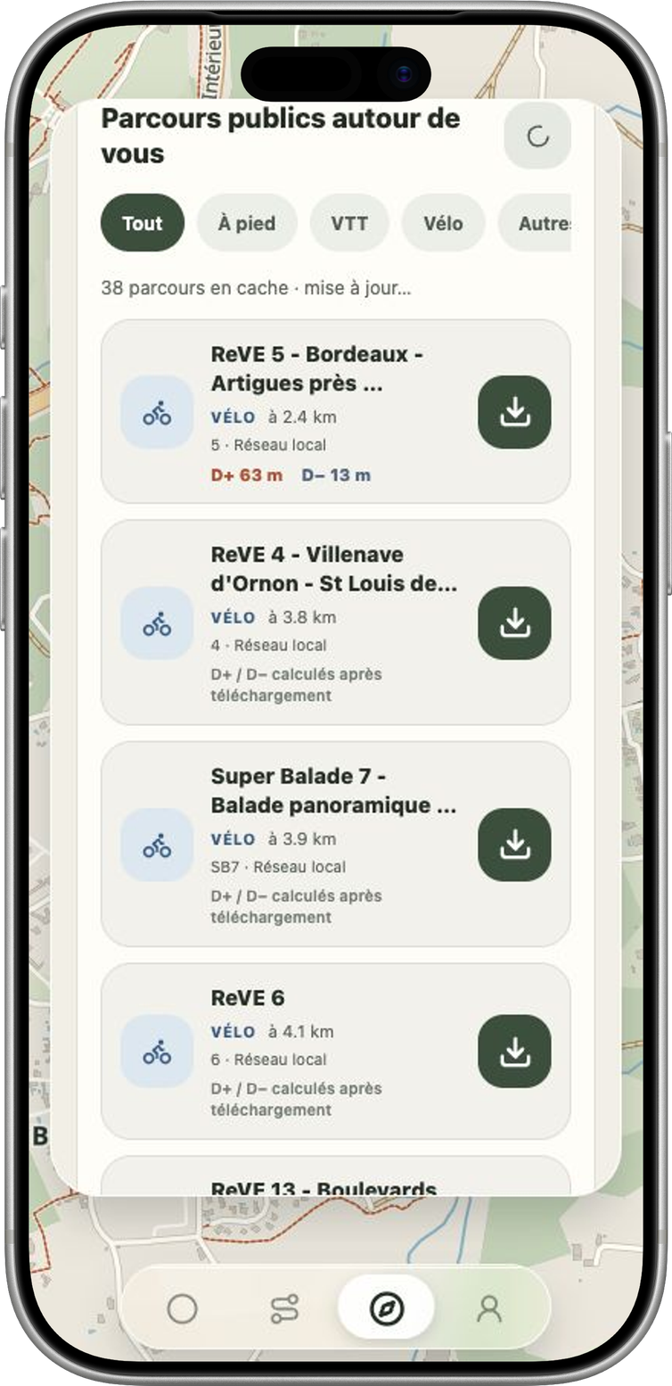 Vrais parcours publics trouvés par Hodoa autour de Bordeaux, présentés dans un iPhone 17 Pro
