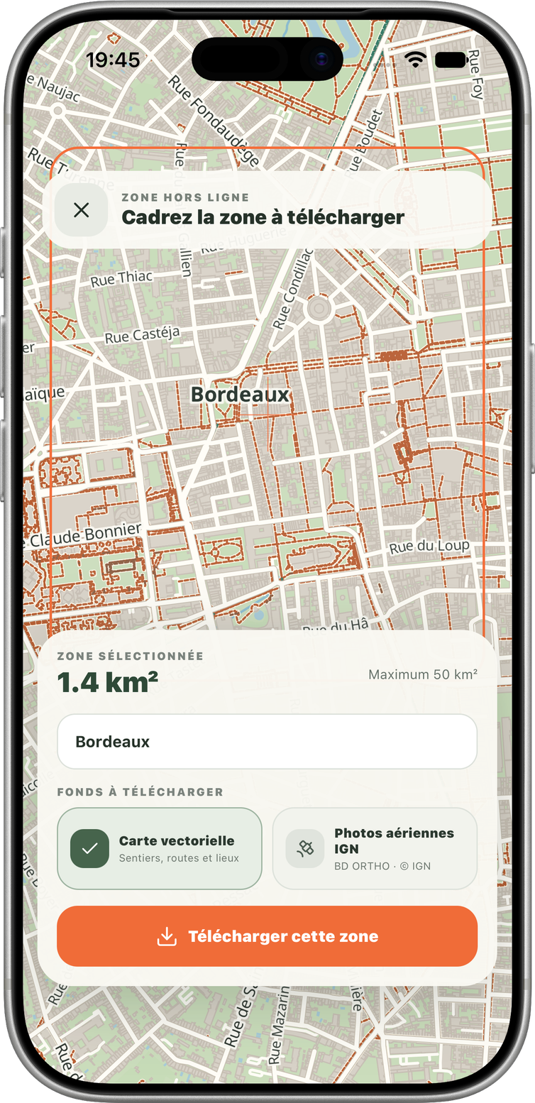 Sélection réelle d’une zone cartographique hors ligne de 50 km² dans Hodoa, présentée dans un iPhone 17 Pro